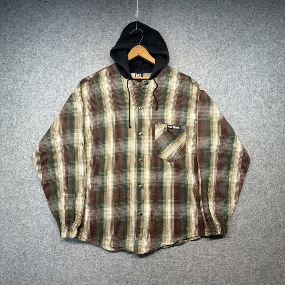 Vintage NO FEAR Plaid Flannel Hooded Snap Button Shirt Hoodie Mens Medium Grunge